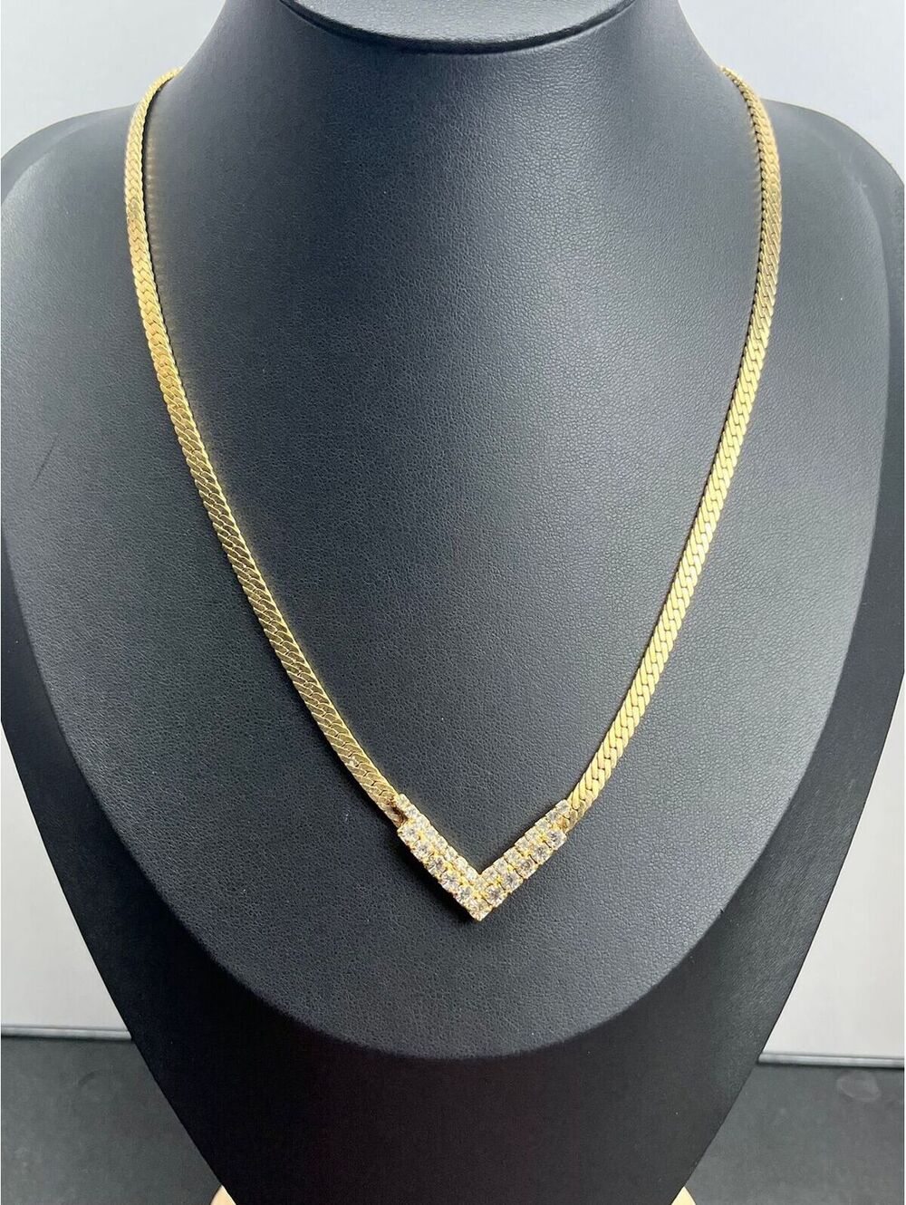#77 Vintage Gold Tone V Necklace Flat Herringbone Pave Crystals 20”